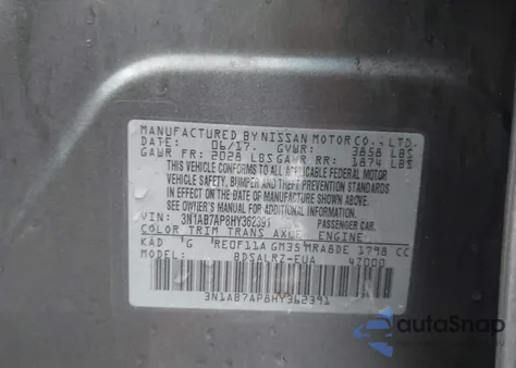 2017 Nissan Sentra Sr z USA, uszkodzony, nr VIN 3N1AB7AP8HY362391